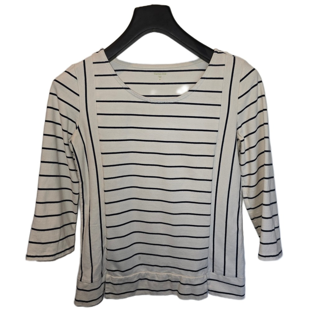 Garnet Hill Womens XS Striped Cotton Top‎ Navy Blue Cream 3/4 Sleeve Knit Shirt